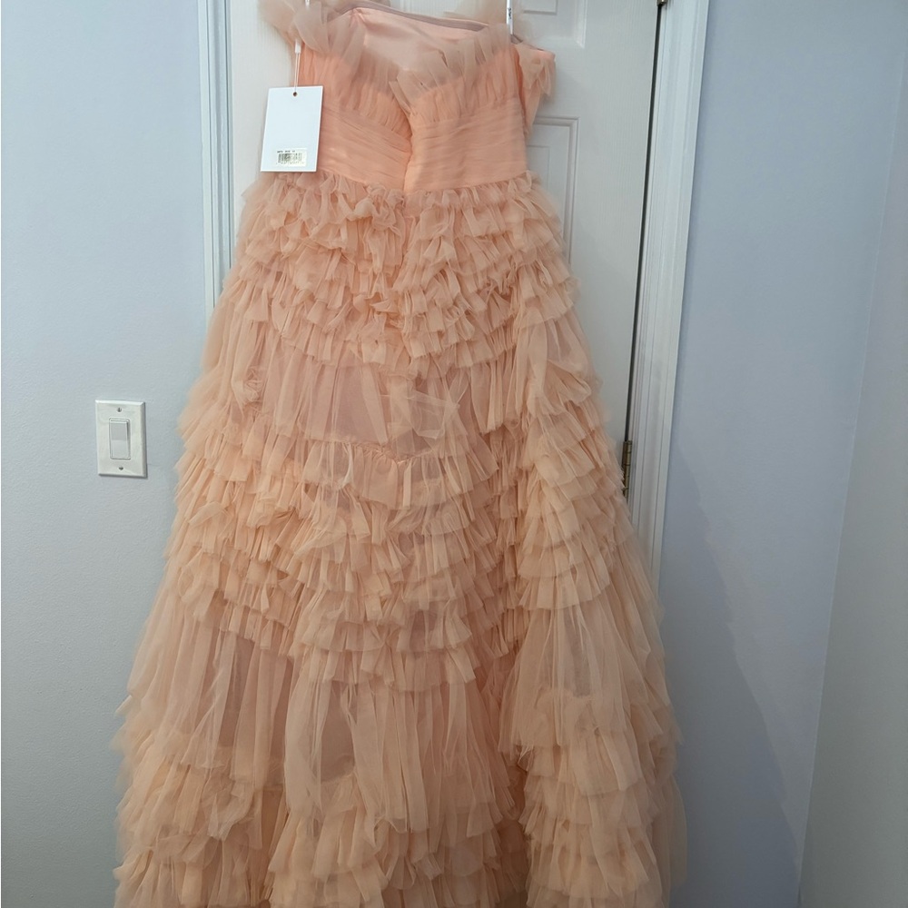 Mac Duggal Pink Strapless Tulle Ruffled Maxi Dress - Picture 8 of 10